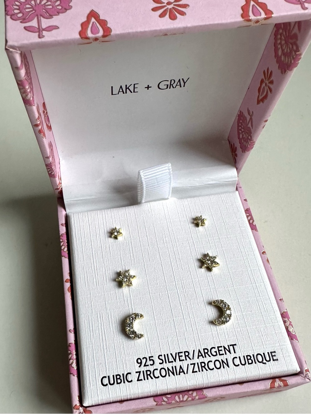 Lake + Gray 925 Sterling Silver Cubic Zirconia Moon & Star Stud Earrings NWT